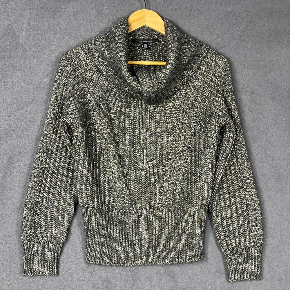 White House Black Market Metallic Gold Silver Marled Knit Half Zip Sweater Small